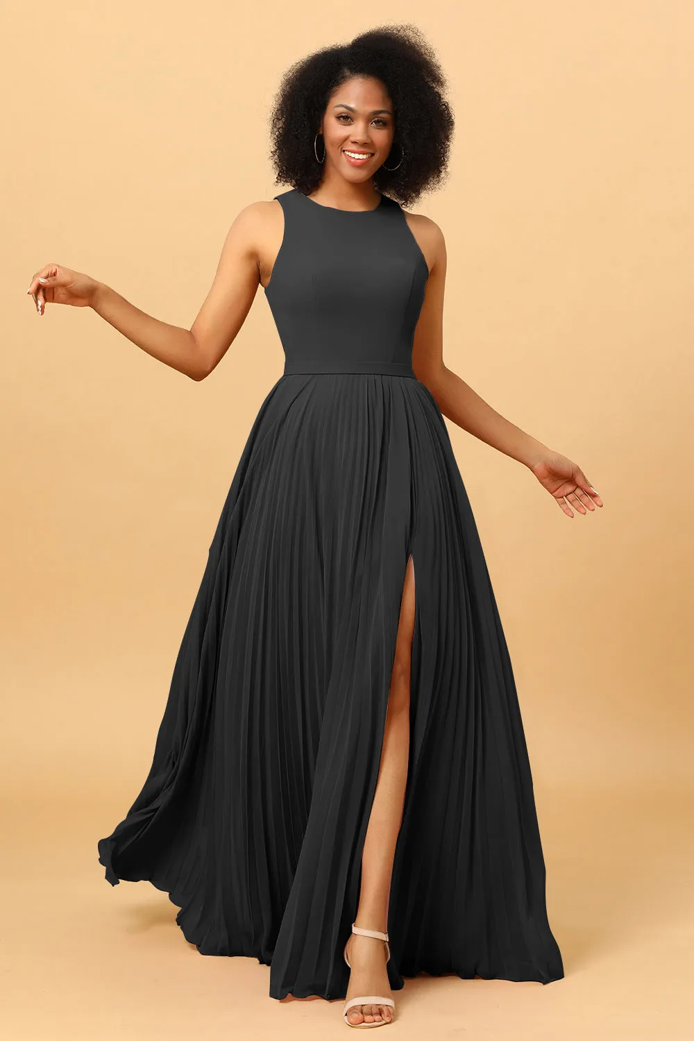A Line High Neck Pleated Long Chiffon Bridesmaid Dress with Ruffles