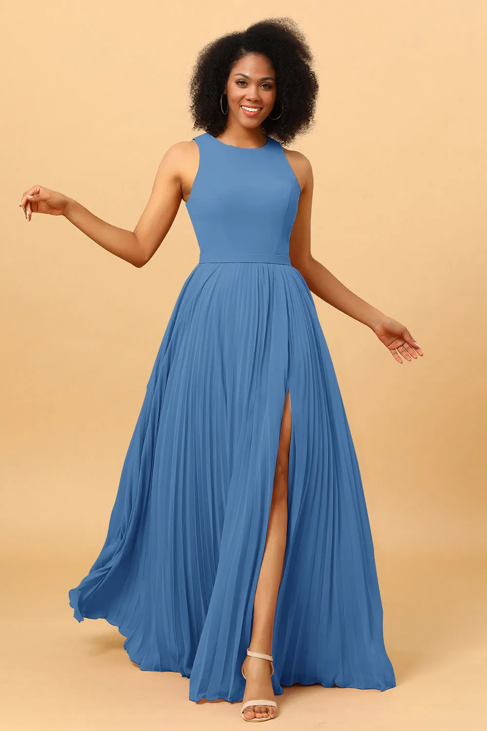 A Line High Neck Pleated Long Chiffon Bridesmaid Dress with Ruffles