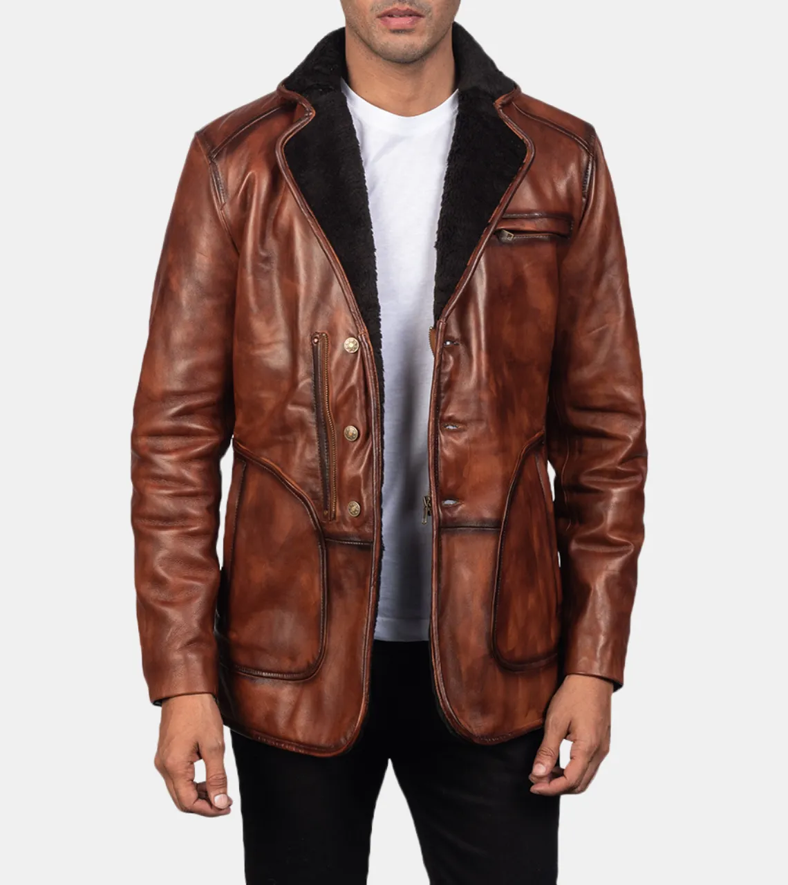 Adonis Men's Brown Waxed Sherpa Leather Coat