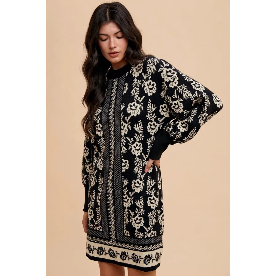 Annie Wear Floral Jacquard Round Neck Sweater Dress
