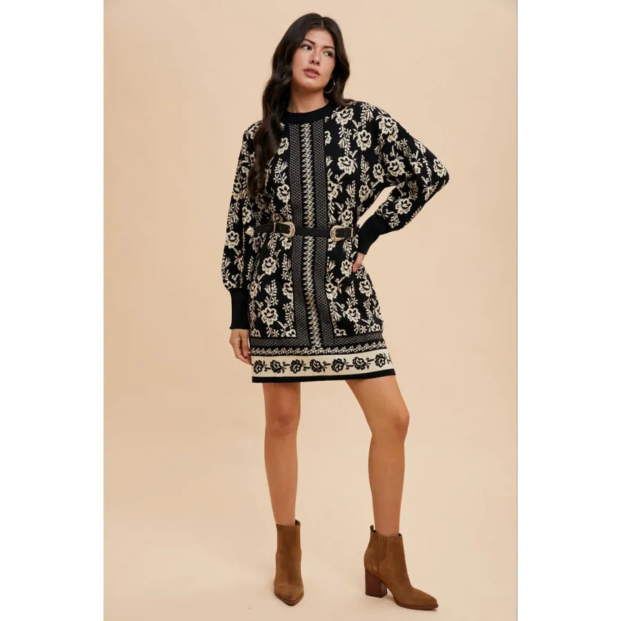 Annie Wear Floral Jacquard Round Neck Sweater Dress