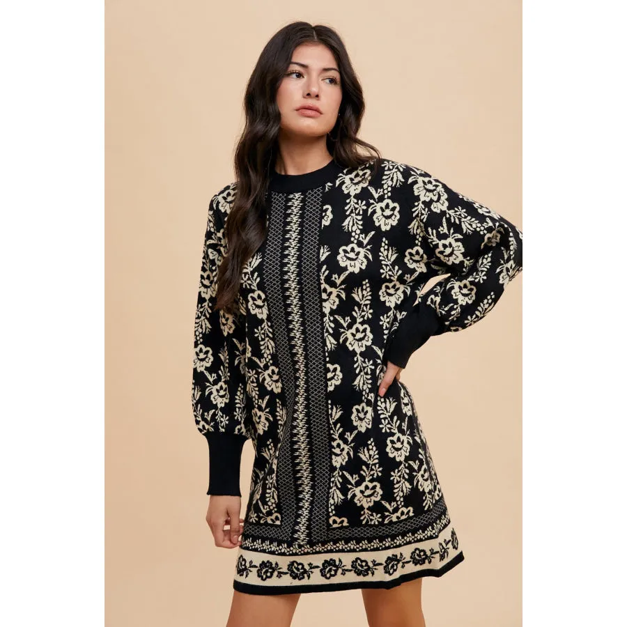 Annie Wear Floral Jacquard Round Neck Sweater Dress
