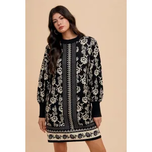 Annie Wear Floral Jacquard Round Neck Sweater Dress