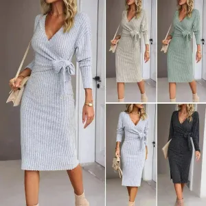 Autumn And Winter V-neck Long Sleeve Knitted sweater Wrap Dress