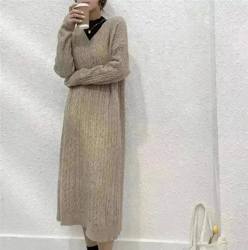 Autumn Winter Knitted V-neck Long Sweater Dress
