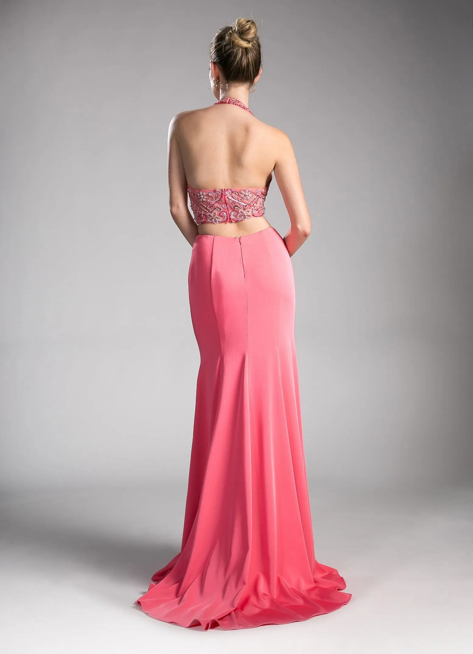 Beaded Long Halter Dress by Cinderella Divine 85201