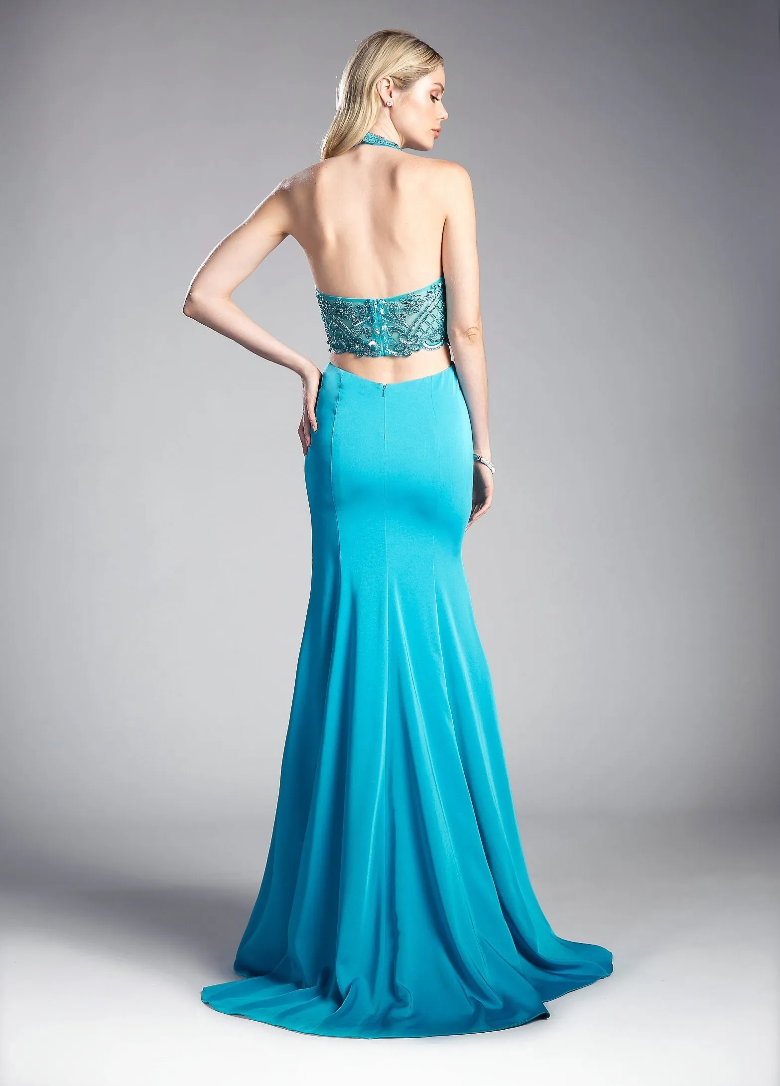 Beaded Long Halter Dress by Cinderella Divine 85201
