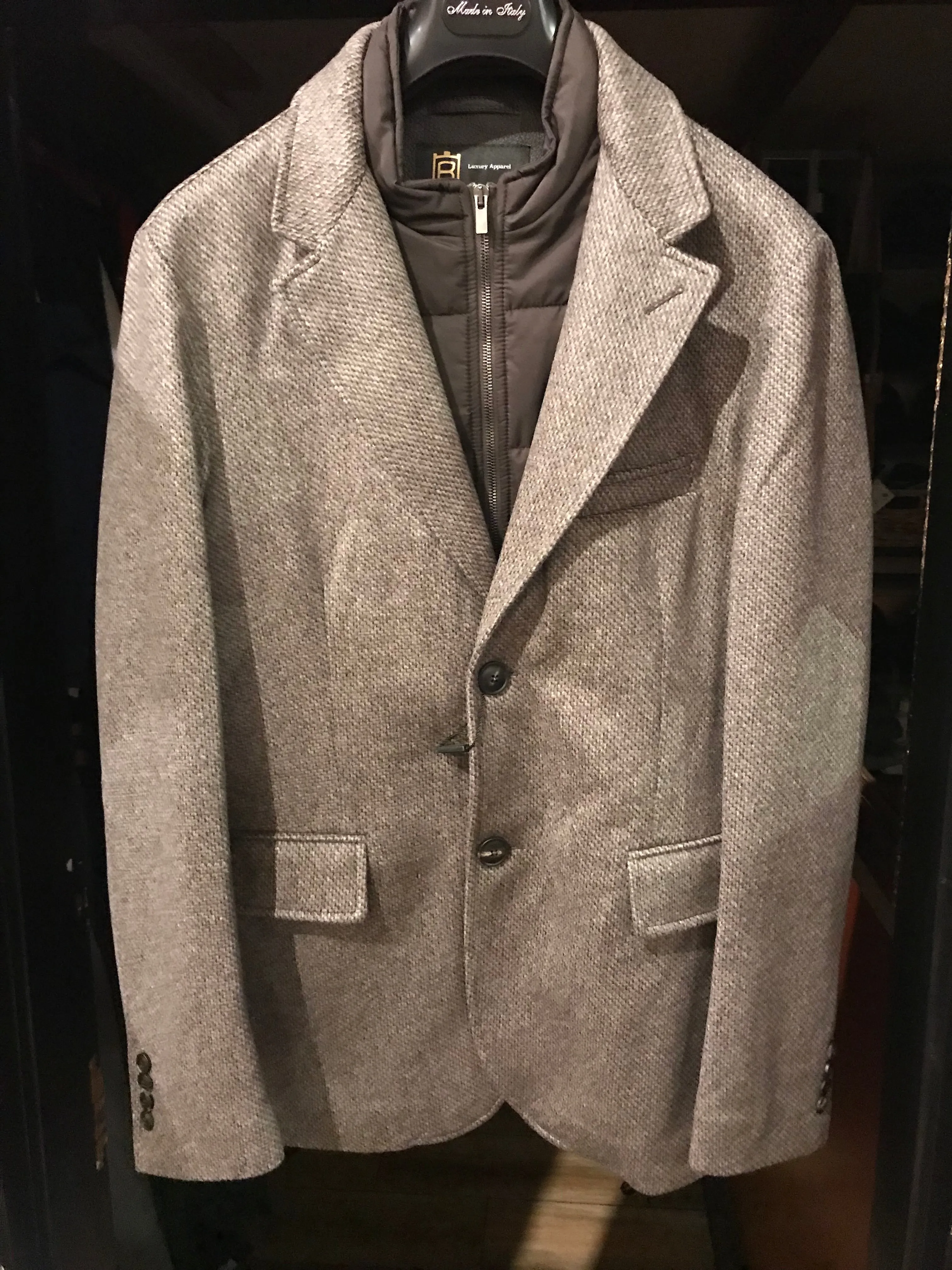 Bergen of Norway Men's Cashmere Wool Blazer Jacket in Beige with Brown Vest Inlay Made in Italy