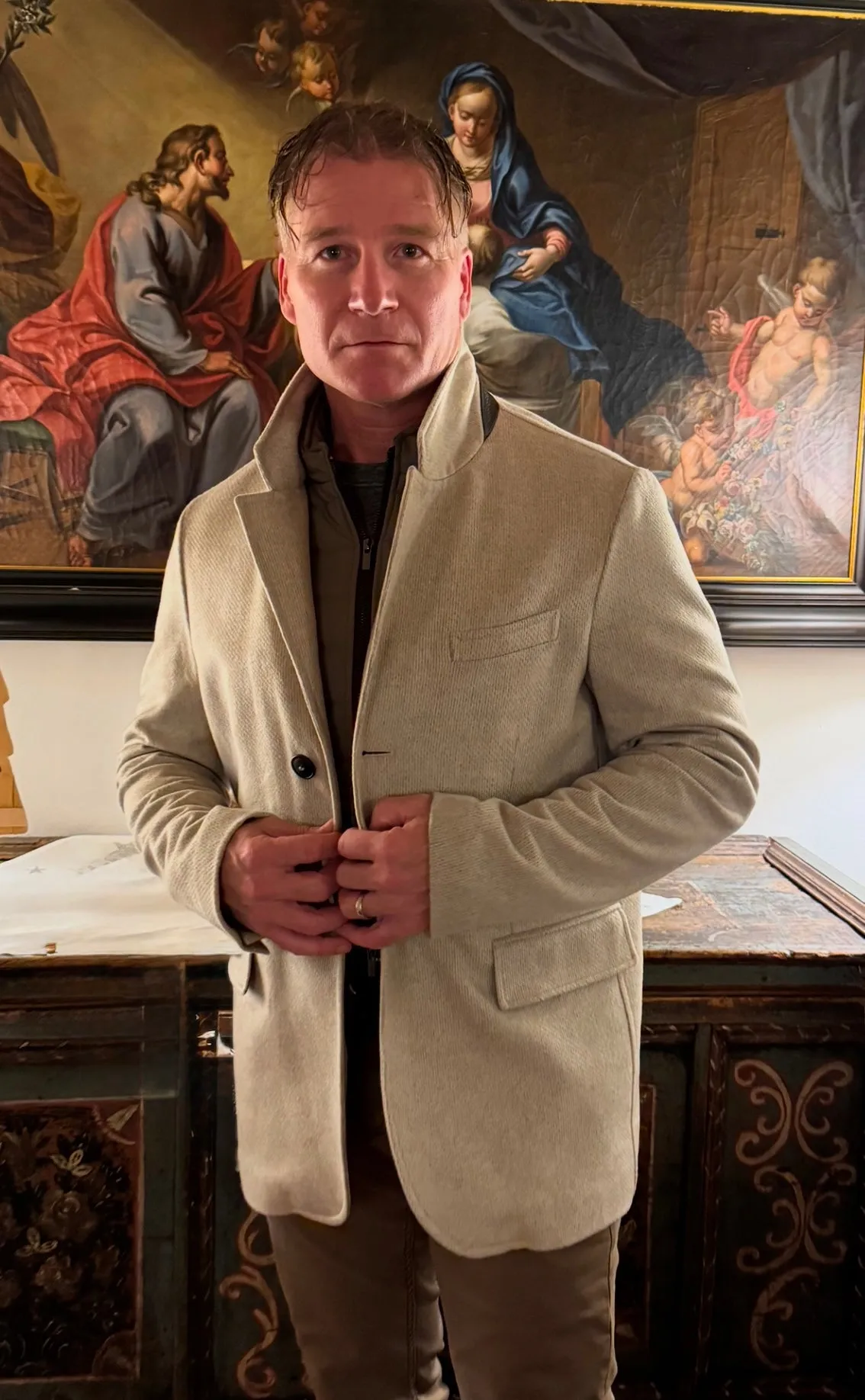 Bergen of Norway Men's Cashmere Wool Blazer Jacket in Beige with Brown Vest Inlay Made in Italy