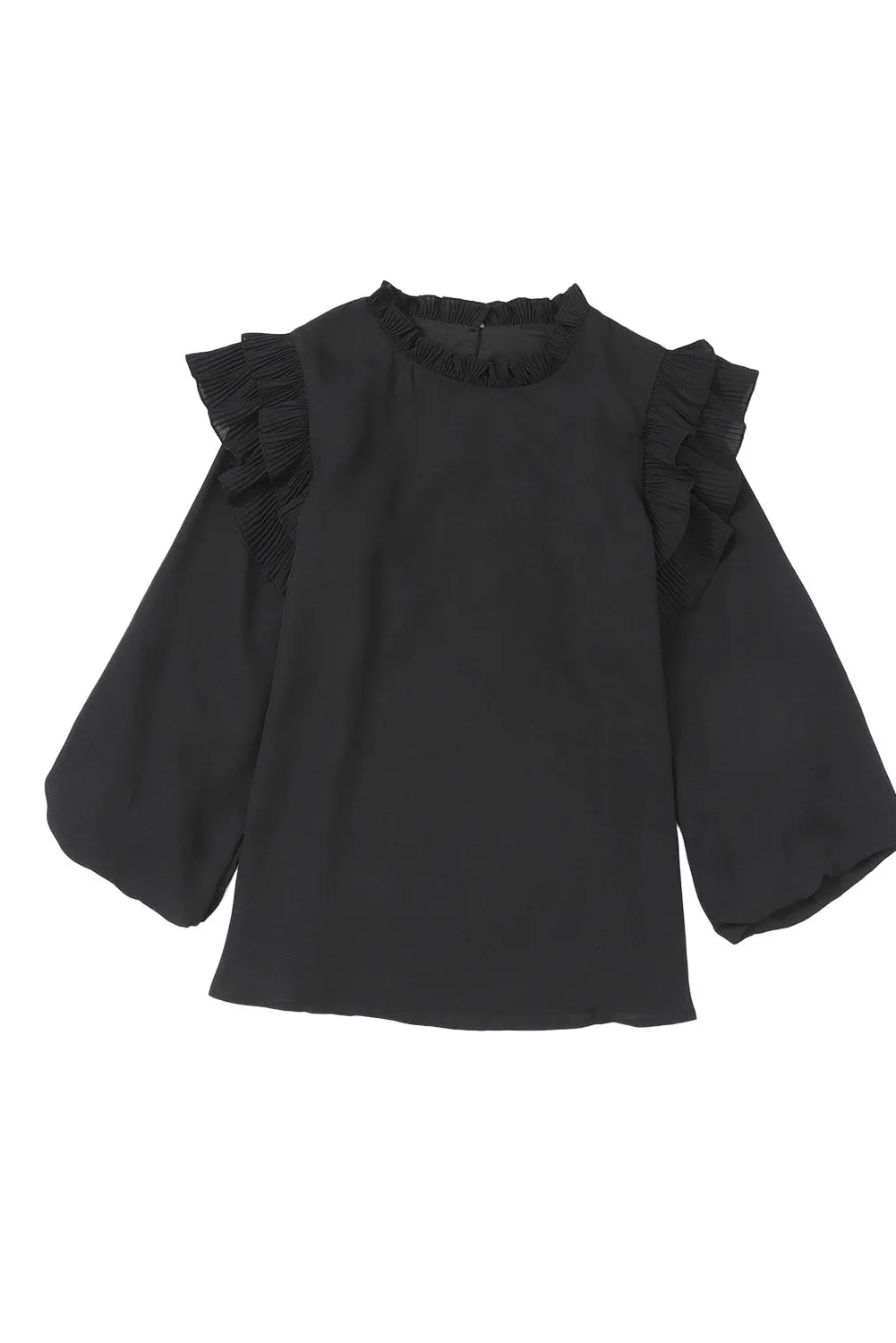 Black Ruffled Round Neck Long Sleeve Blouse New Women's Fashion Tops