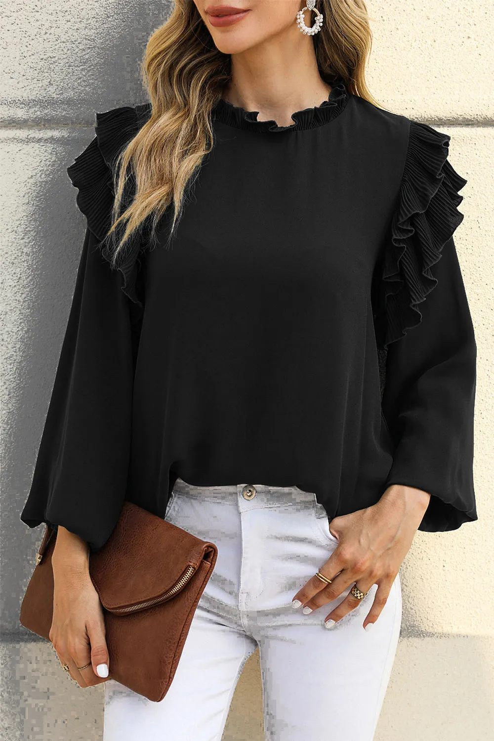 Black Ruffled Round Neck Long Sleeve Blouse New Women's Fashion Tops