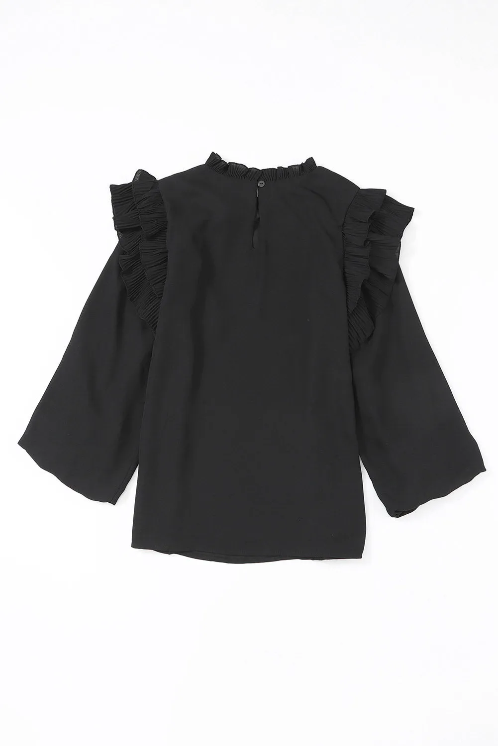 Black Ruffled Round Neck Long Sleeve Blouse New Women's Fashion Tops