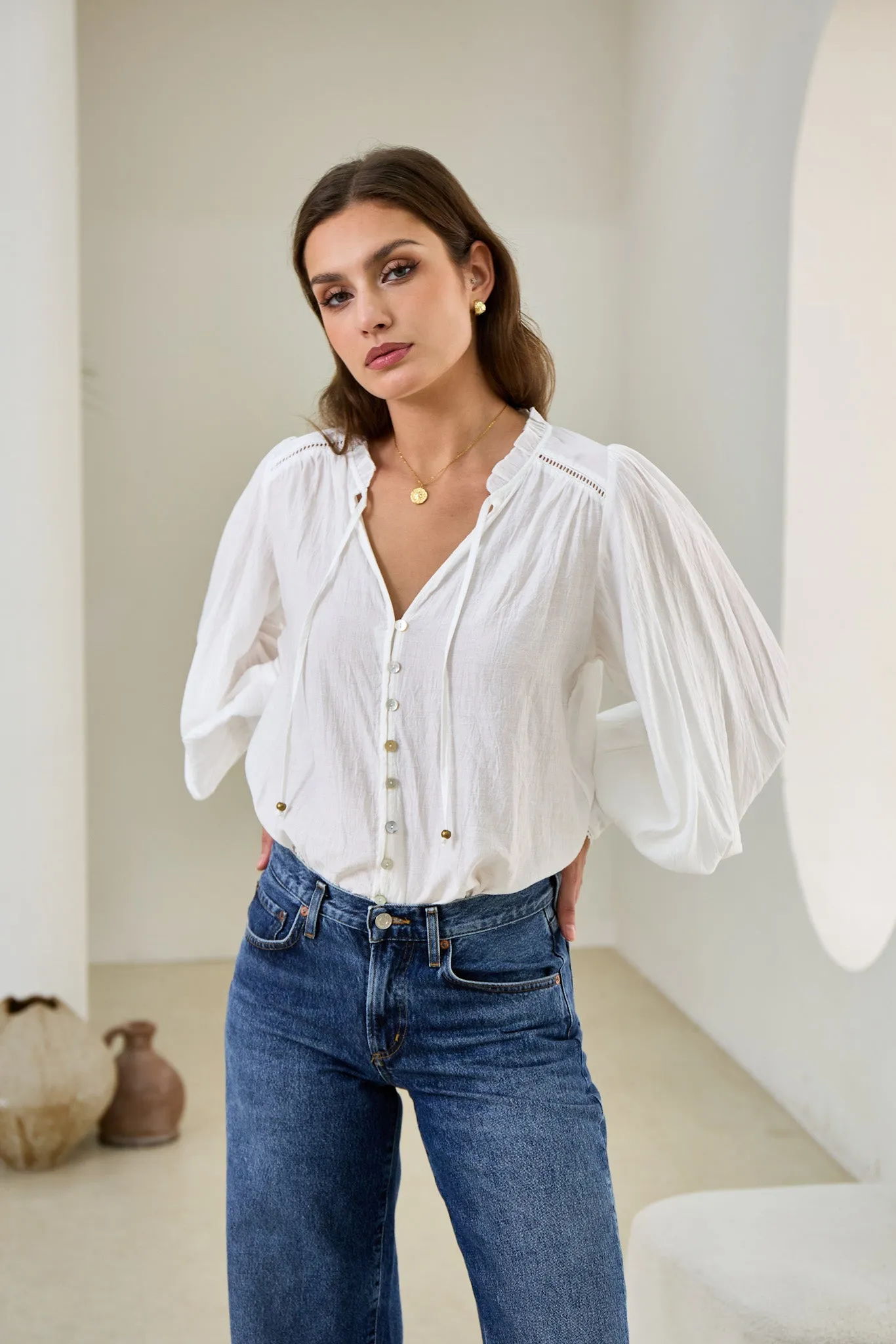 Carissa White Balloon Sleeve Blouse