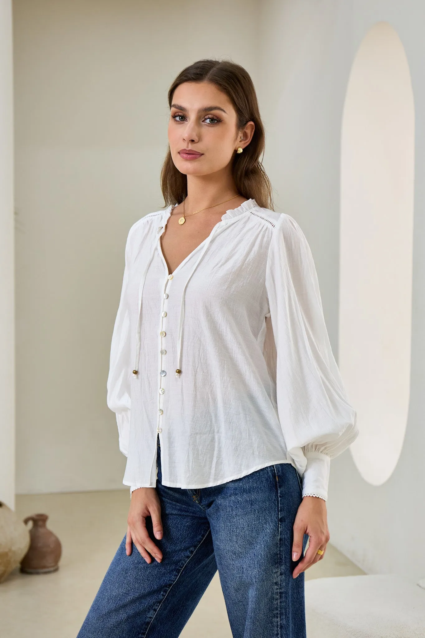 Carissa White Balloon Sleeve Blouse