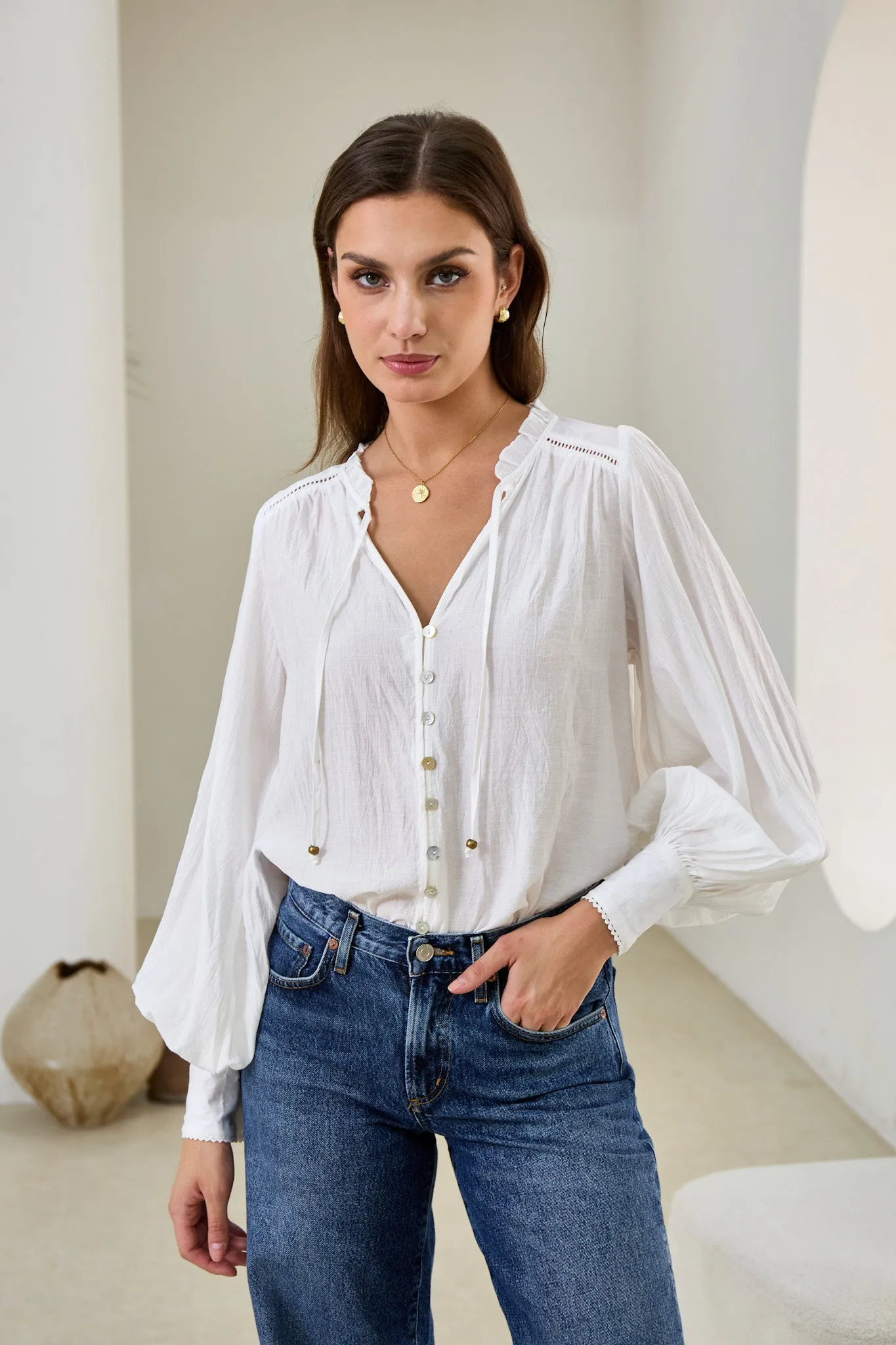 Carissa White Balloon Sleeve Blouse