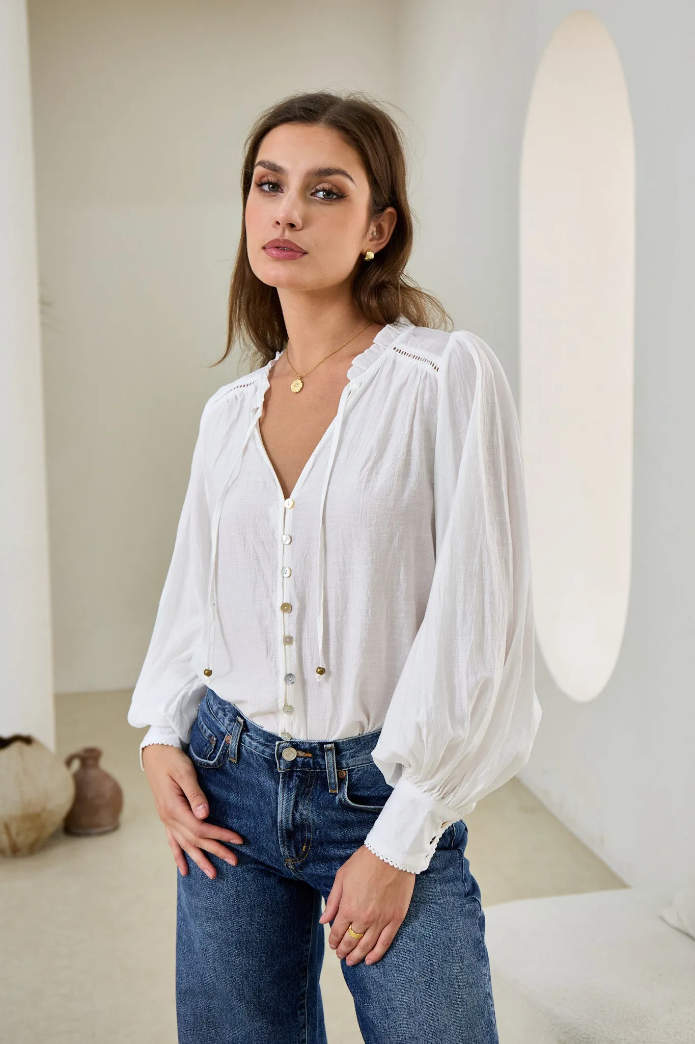 Carissa White Balloon Sleeve Blouse