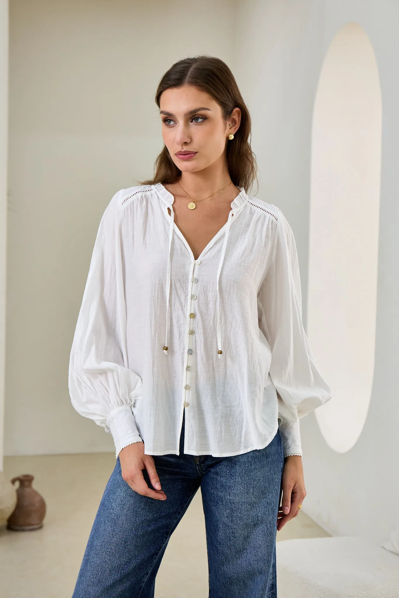 Carissa White Balloon Sleeve Blouse