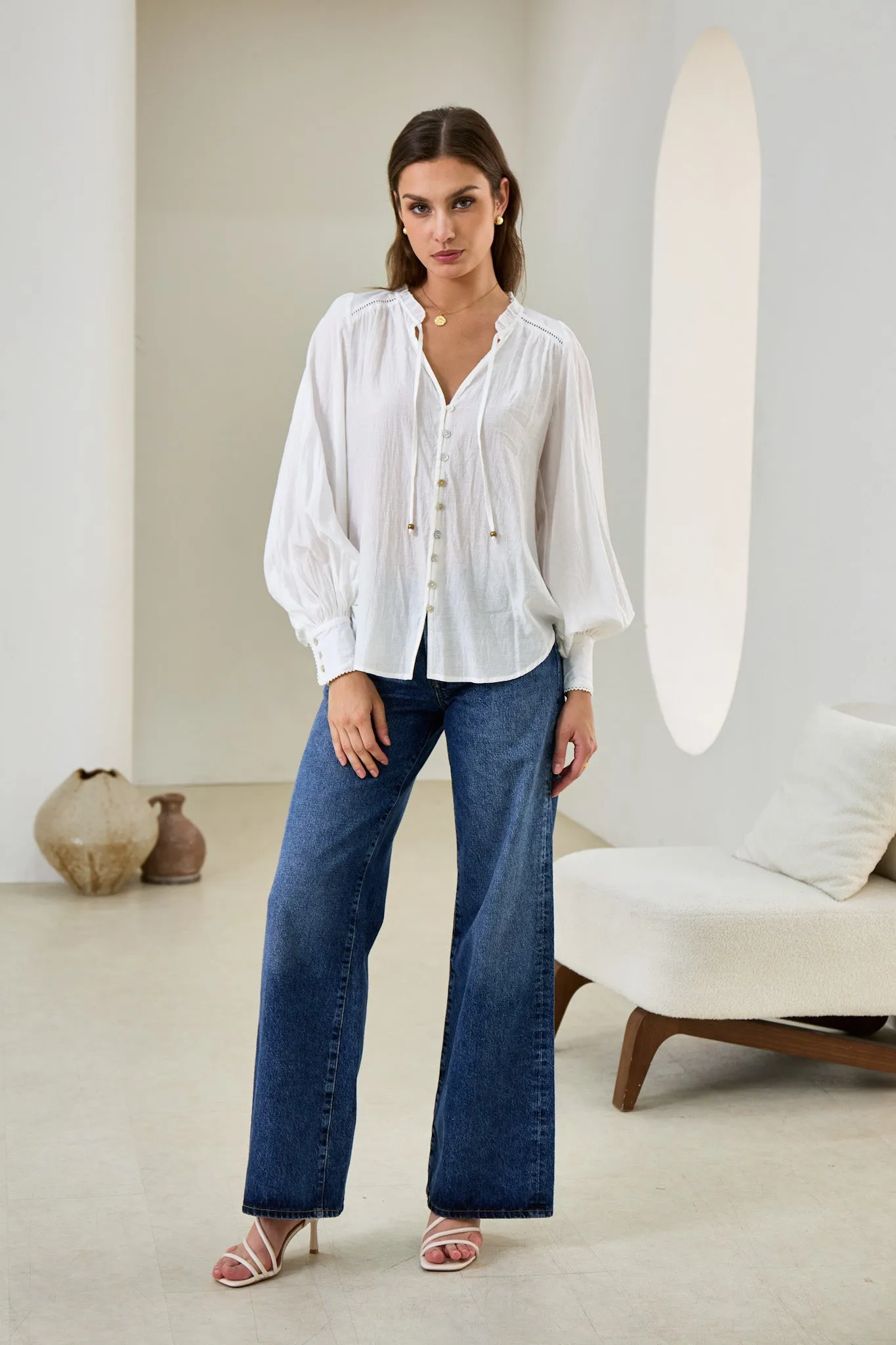 Carissa White Balloon Sleeve Blouse