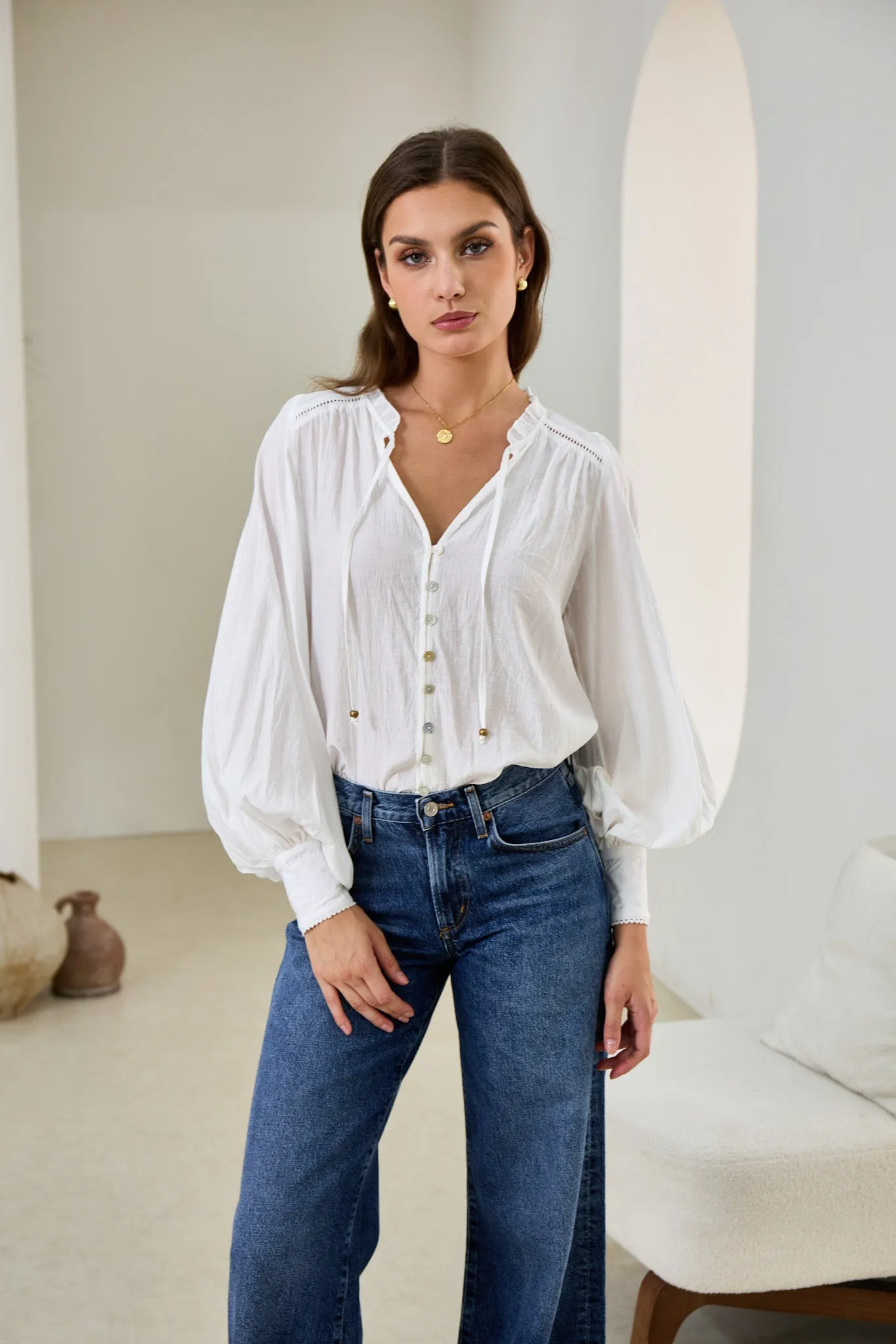 Carissa White Balloon Sleeve Blouse