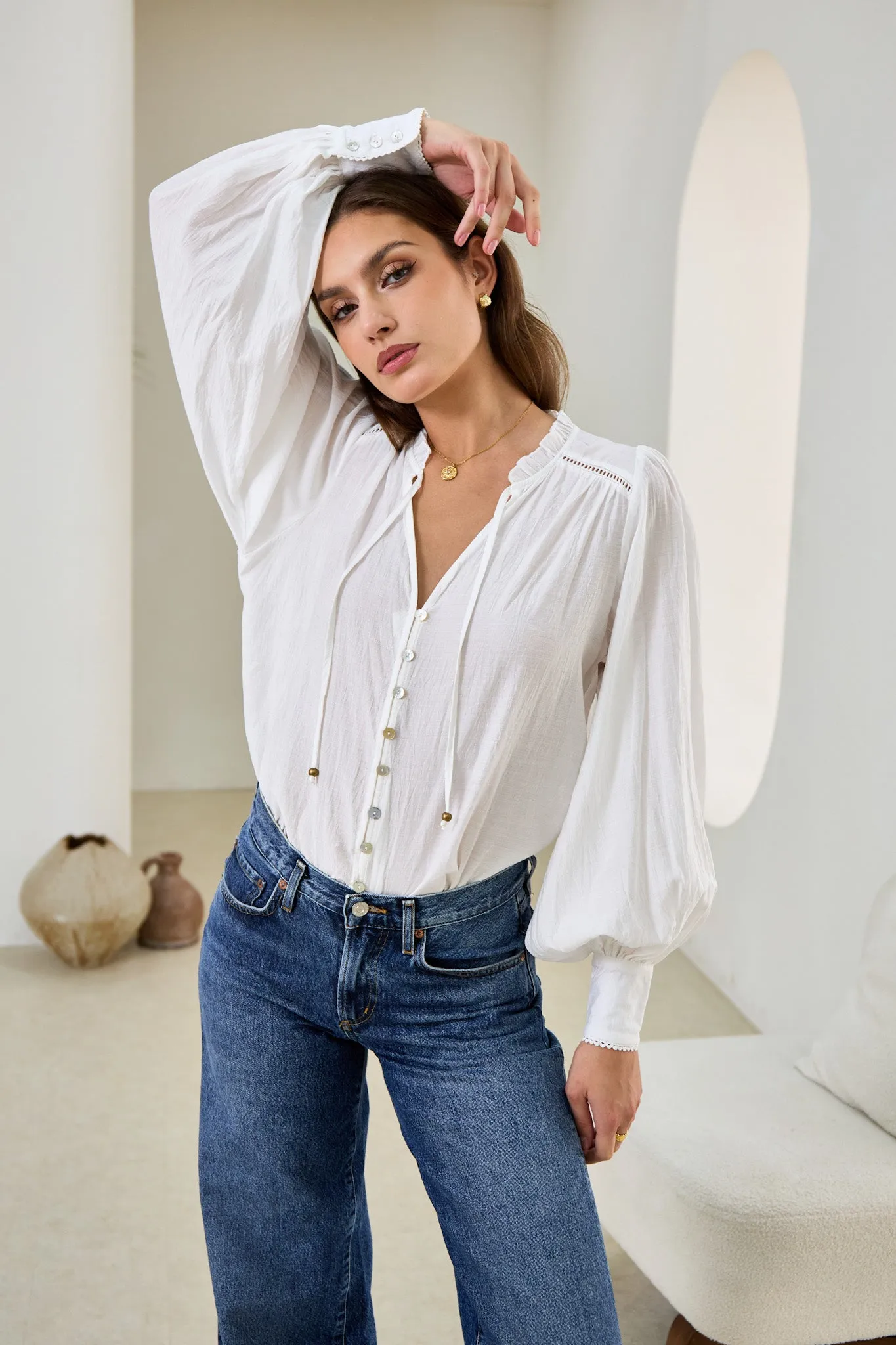 Carissa White Balloon Sleeve Blouse