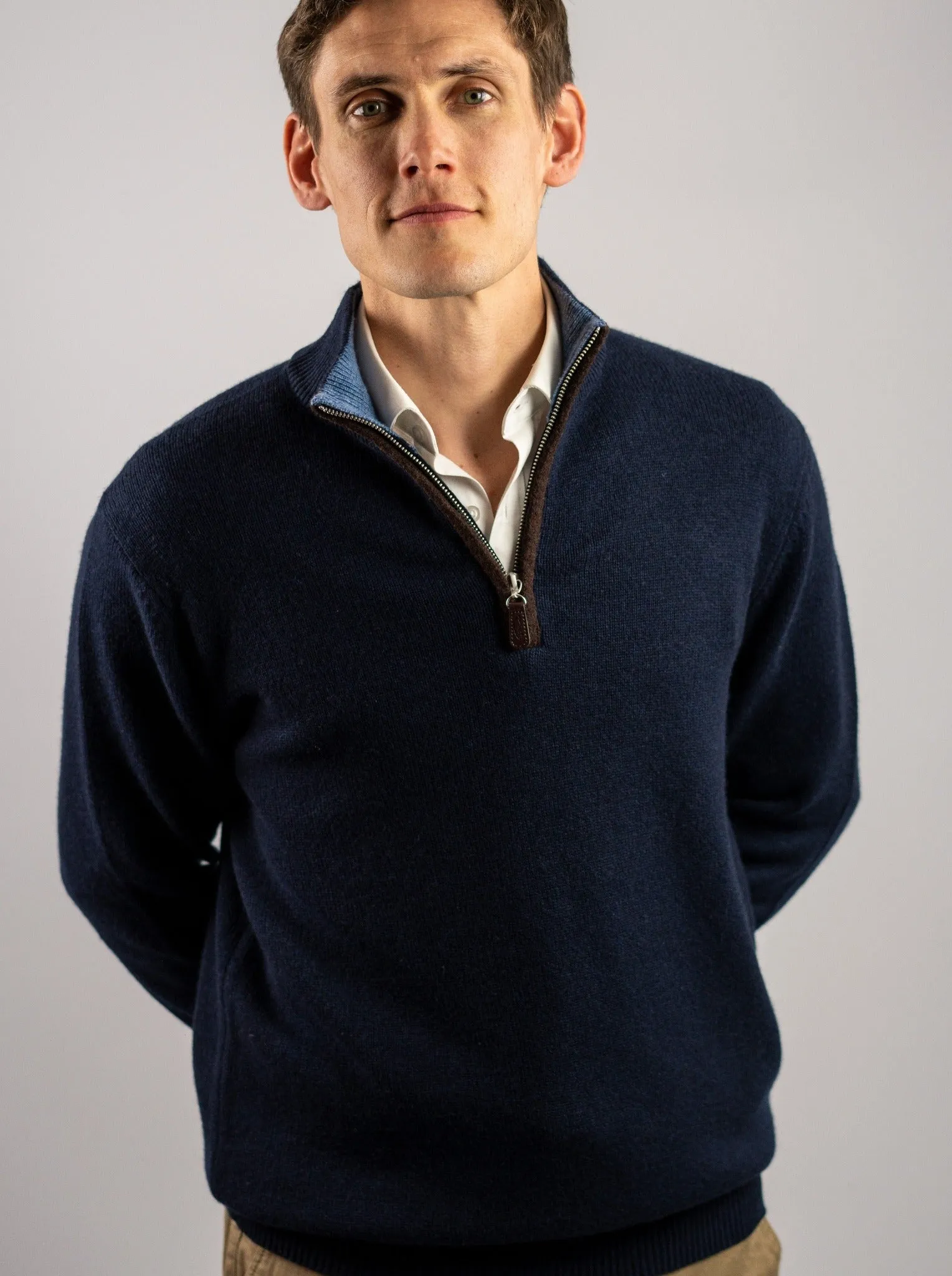 Cashmere and Merino Zip Neck Jumper | Navy