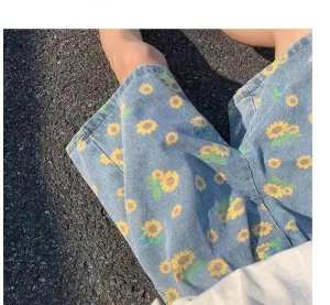 Chicmy-Graduation gift, Coachella Valley Music Festival Look,Casual Sun Flower Pattern Denim Men Shorts Pants