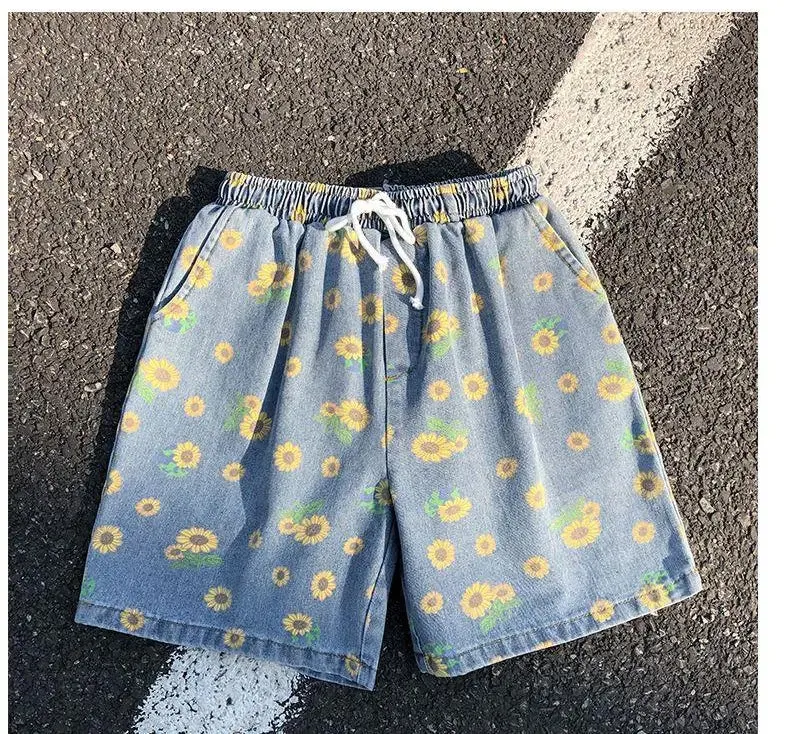 Chicmy-Graduation gift, Coachella Valley Music Festival Look,Casual Sun Flower Pattern Denim Men Shorts Pants