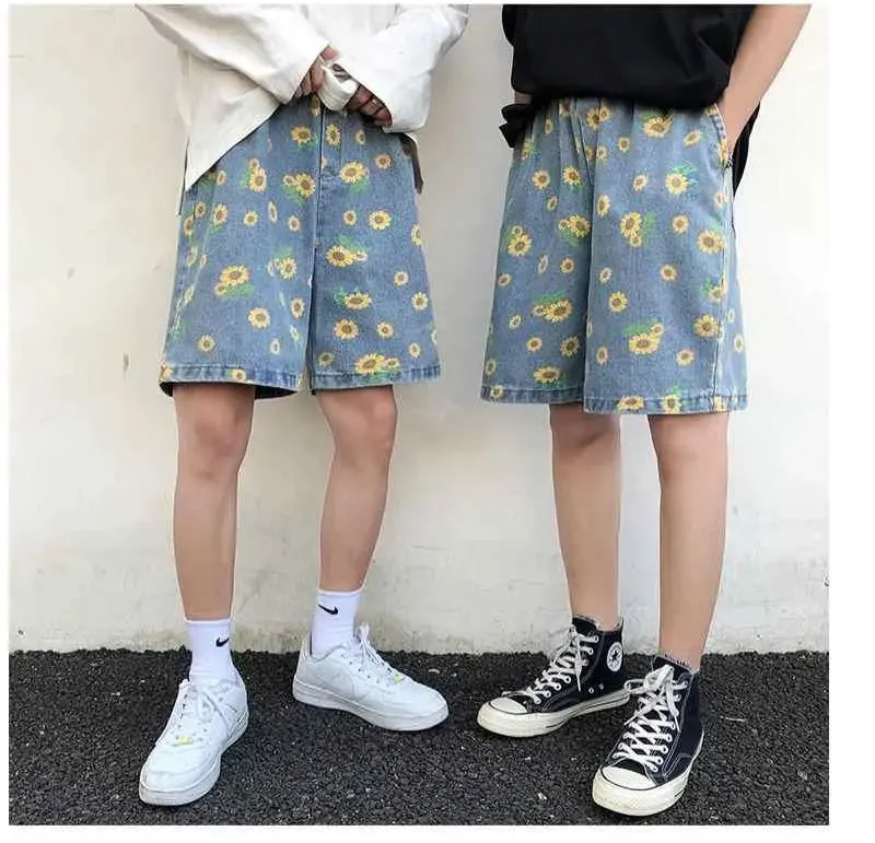 Chicmy-Graduation gift, Coachella Valley Music Festival Look,Casual Sun Flower Pattern Denim Men Shorts Pants