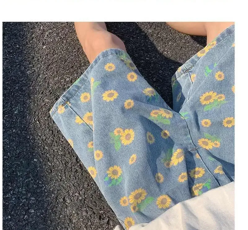 Chicmy-Graduation gift, Coachella Valley Music Festival Look,Casual Sun Flower Pattern Denim Men Shorts Pants
