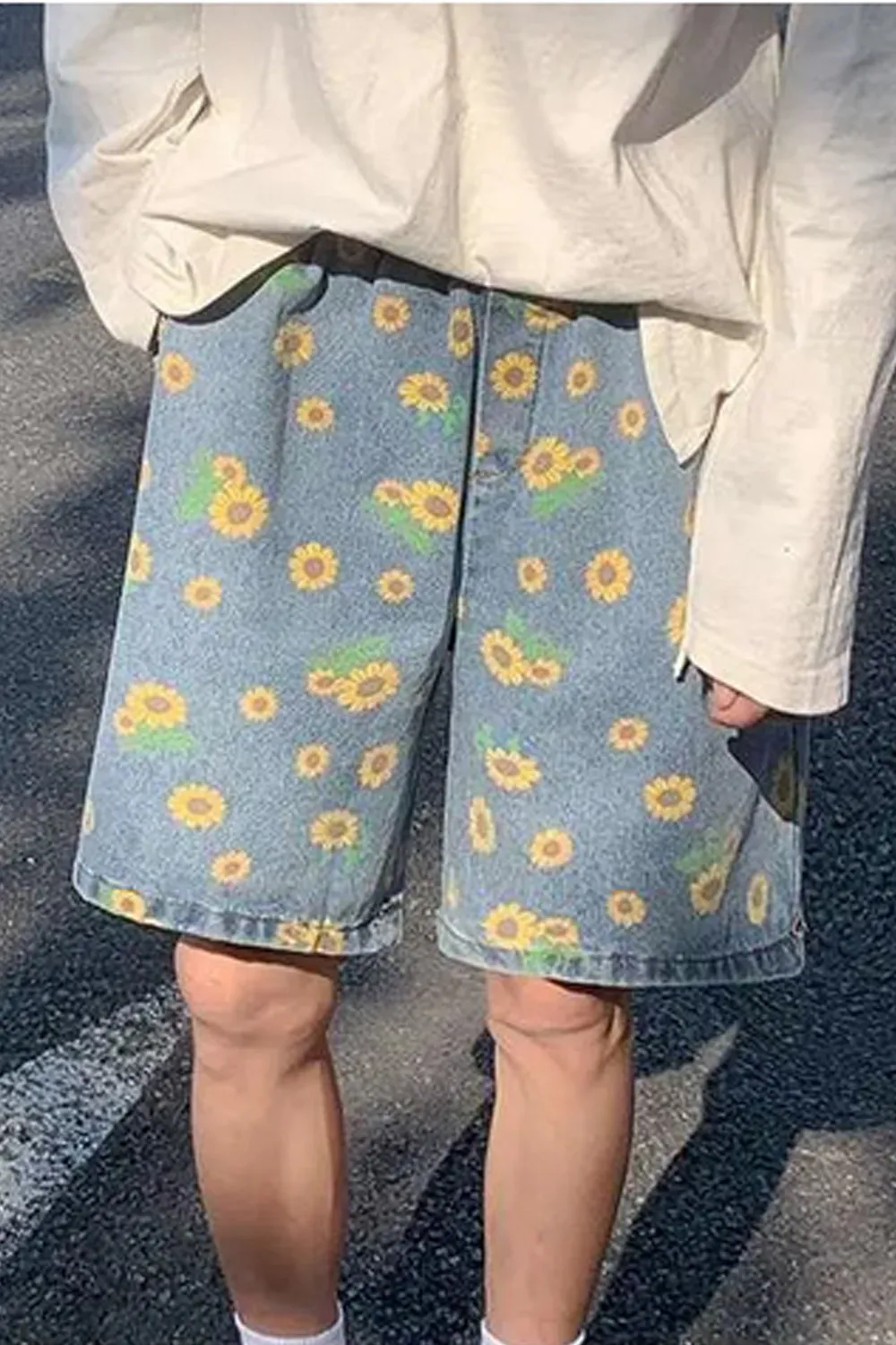 Chicmy-Graduation gift, Coachella Valley Music Festival Look,Casual Sun Flower Pattern Denim Men Shorts Pants