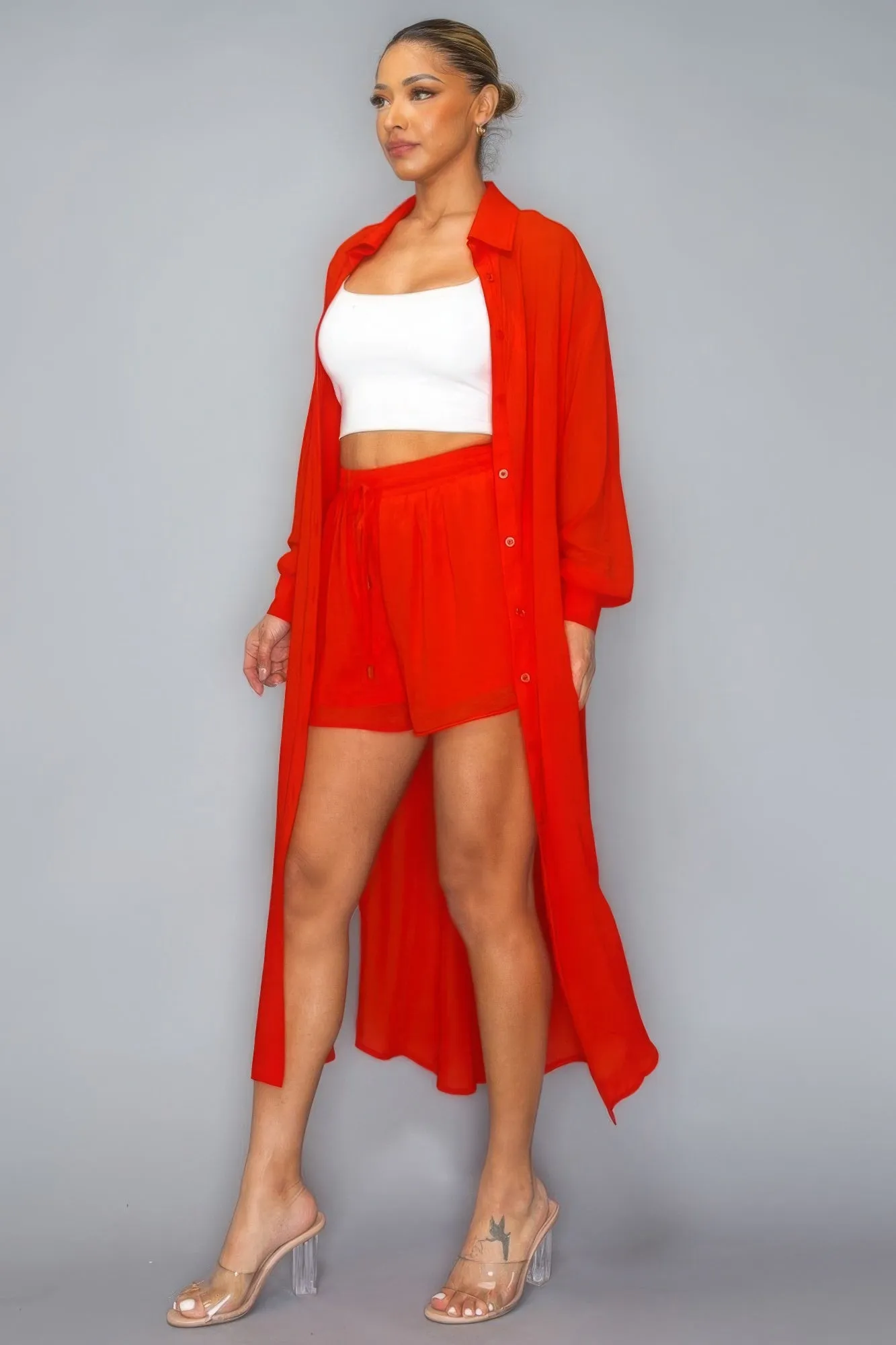 Chiffon Long Top With Short Set
