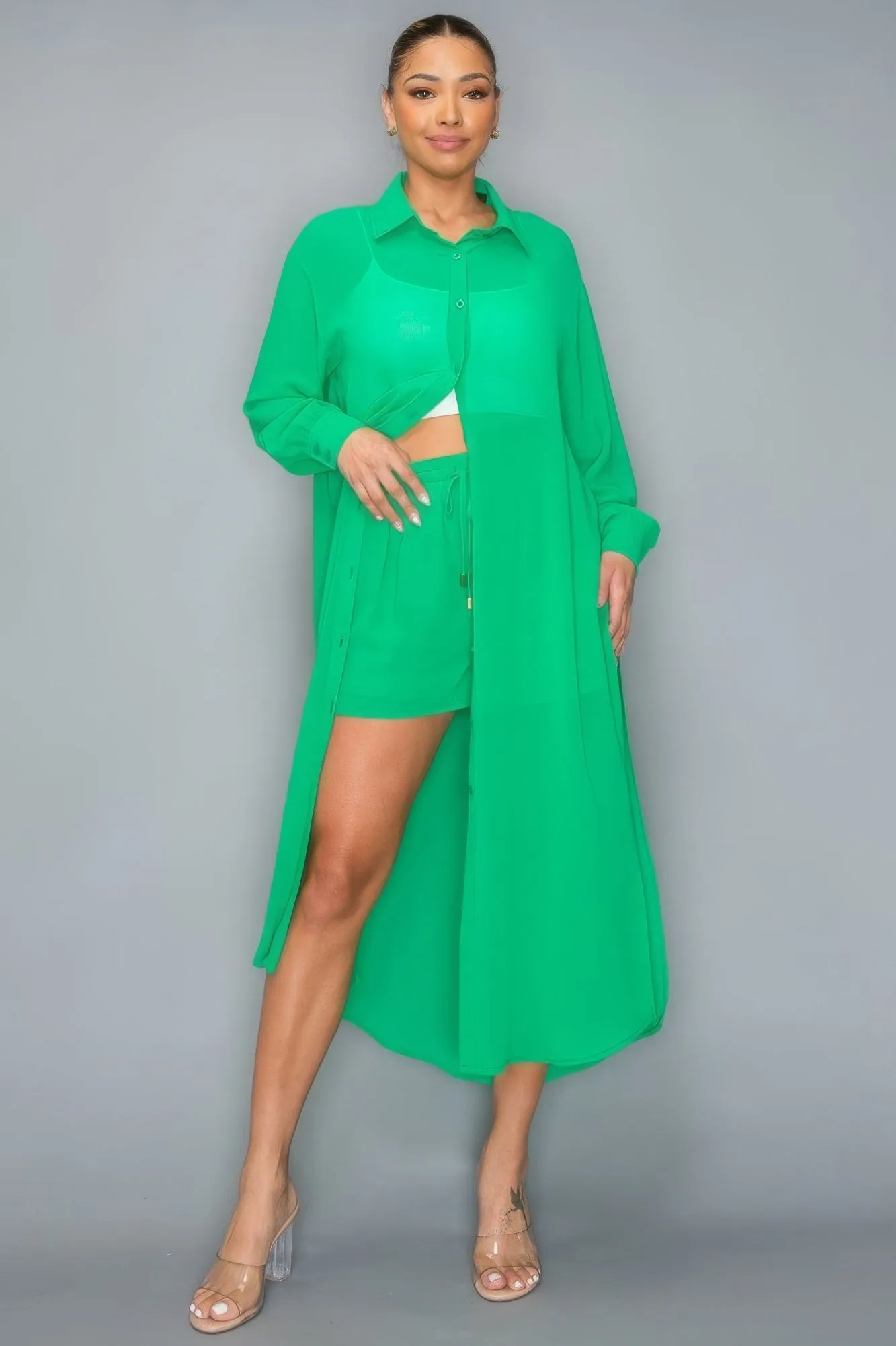 Chiffon Long Top With Short Set