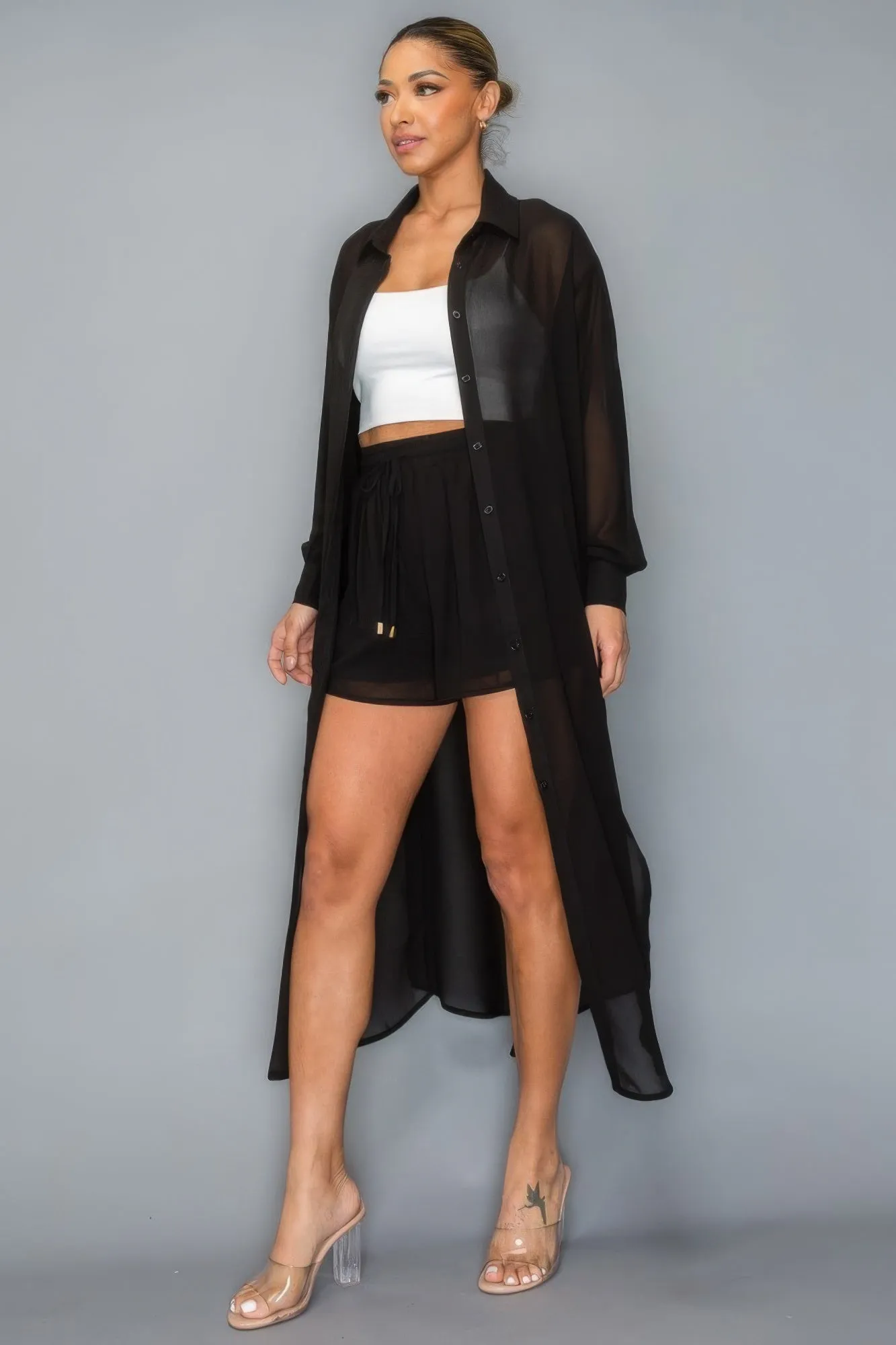 Chiffon Long Top With Short Set