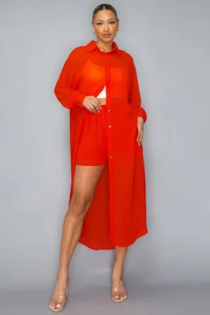 Chiffon Long Top With Short Set