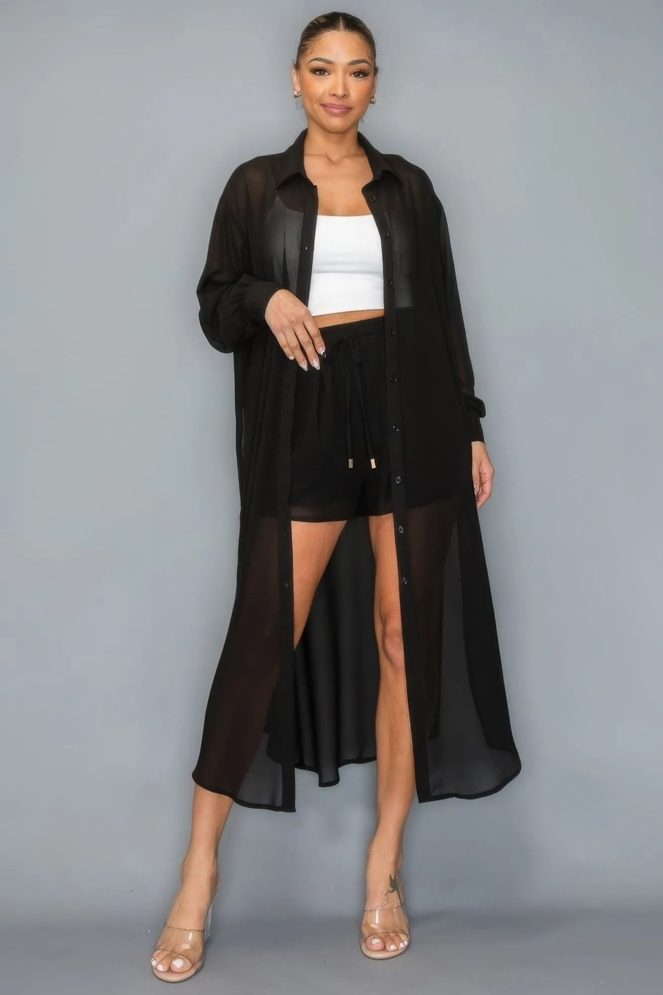 Chiffon Long Top With Short Set