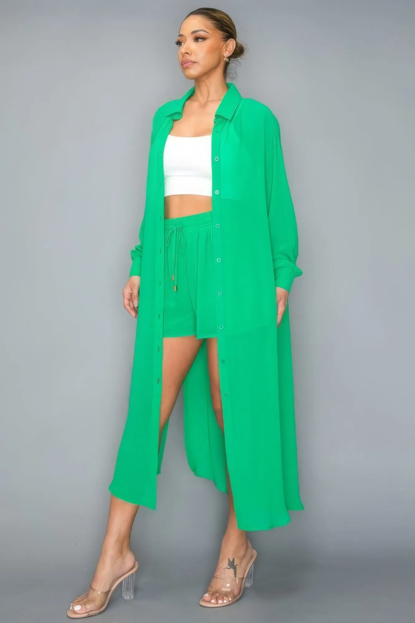 Chiffon Long Top With Short Set