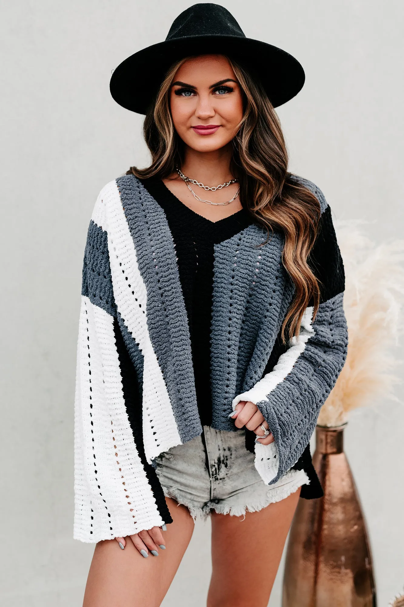 Cozy & Cuter Oversized Fuzzy Knit Sweater (Black/Charcoal Multi)