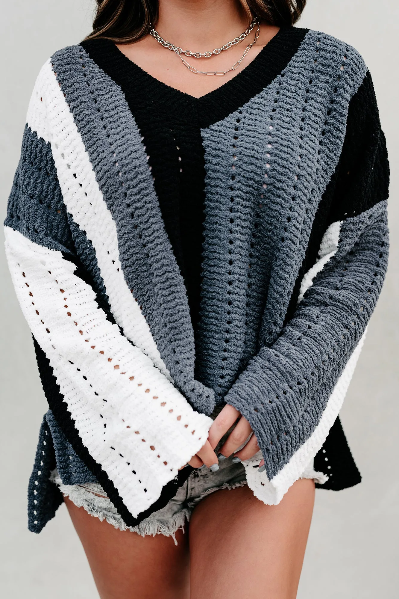 Cozy & Cuter Oversized Fuzzy Knit Sweater (Black/Charcoal Multi)