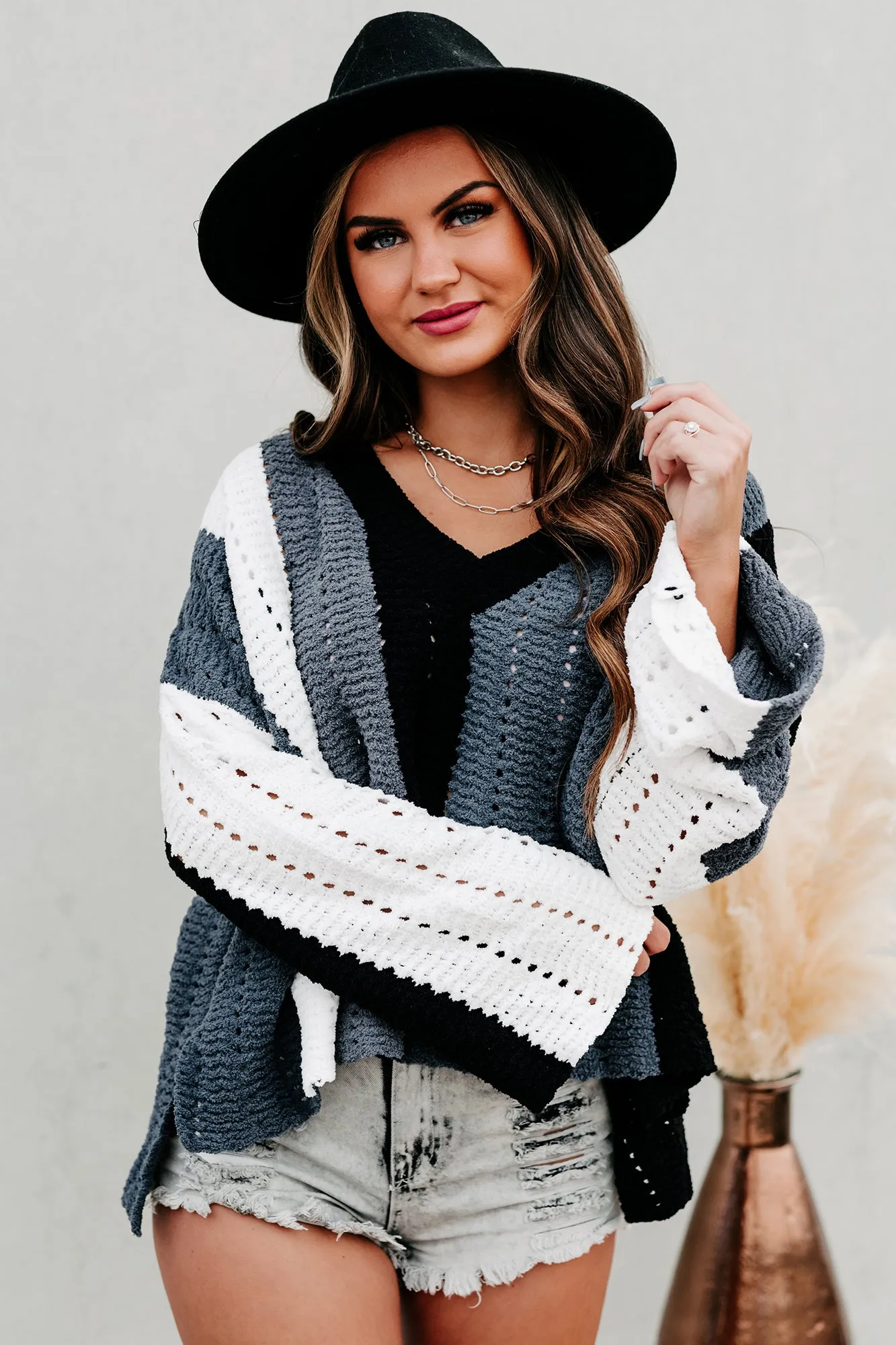 Cozy & Cuter Oversized Fuzzy Knit Sweater (Black/Charcoal Multi)