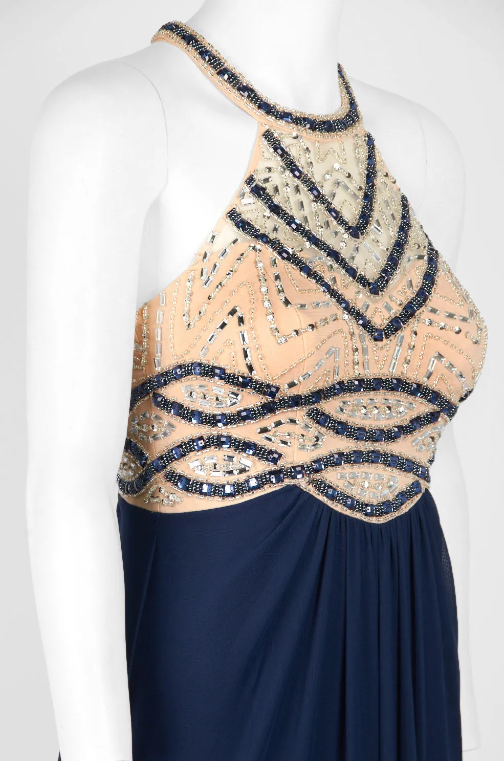Decode Halter Neck Embellished Bodice Racer Back Ruched Jersey Mesh Gown