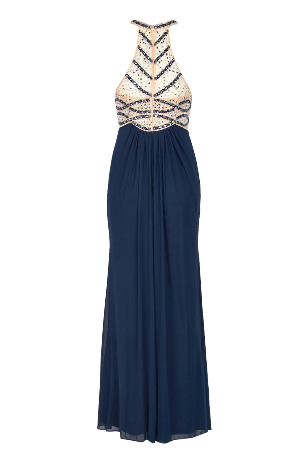 Decode Halter Neck Embellished Bodice Racer Back Ruched Jersey Mesh Gown