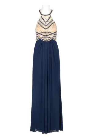 Decode Halter Neck Embellished Bodice Racer Back Ruched Jersey Mesh Gown