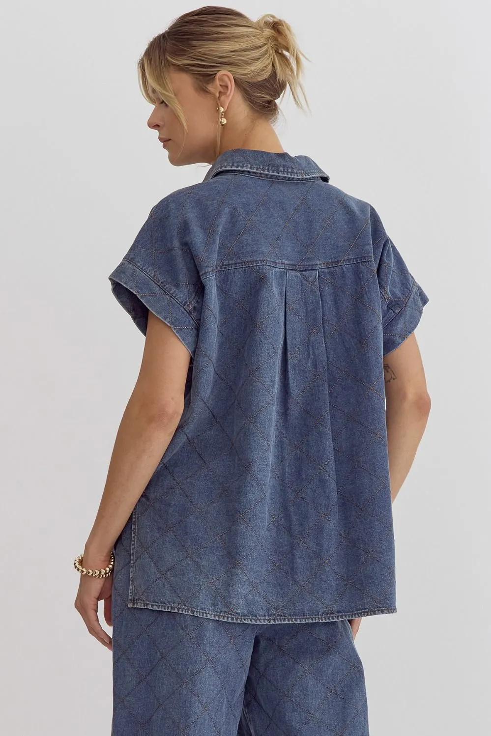 Denim Button Down Short Sleeve Top