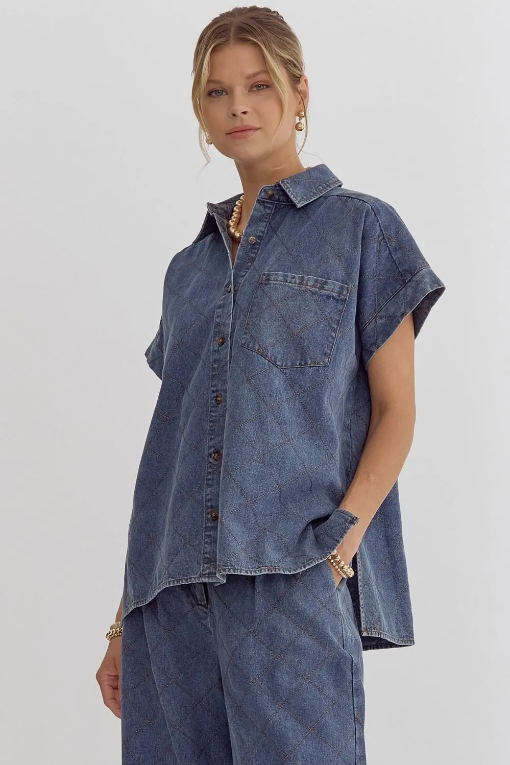 Denim Button Down Short Sleeve Top