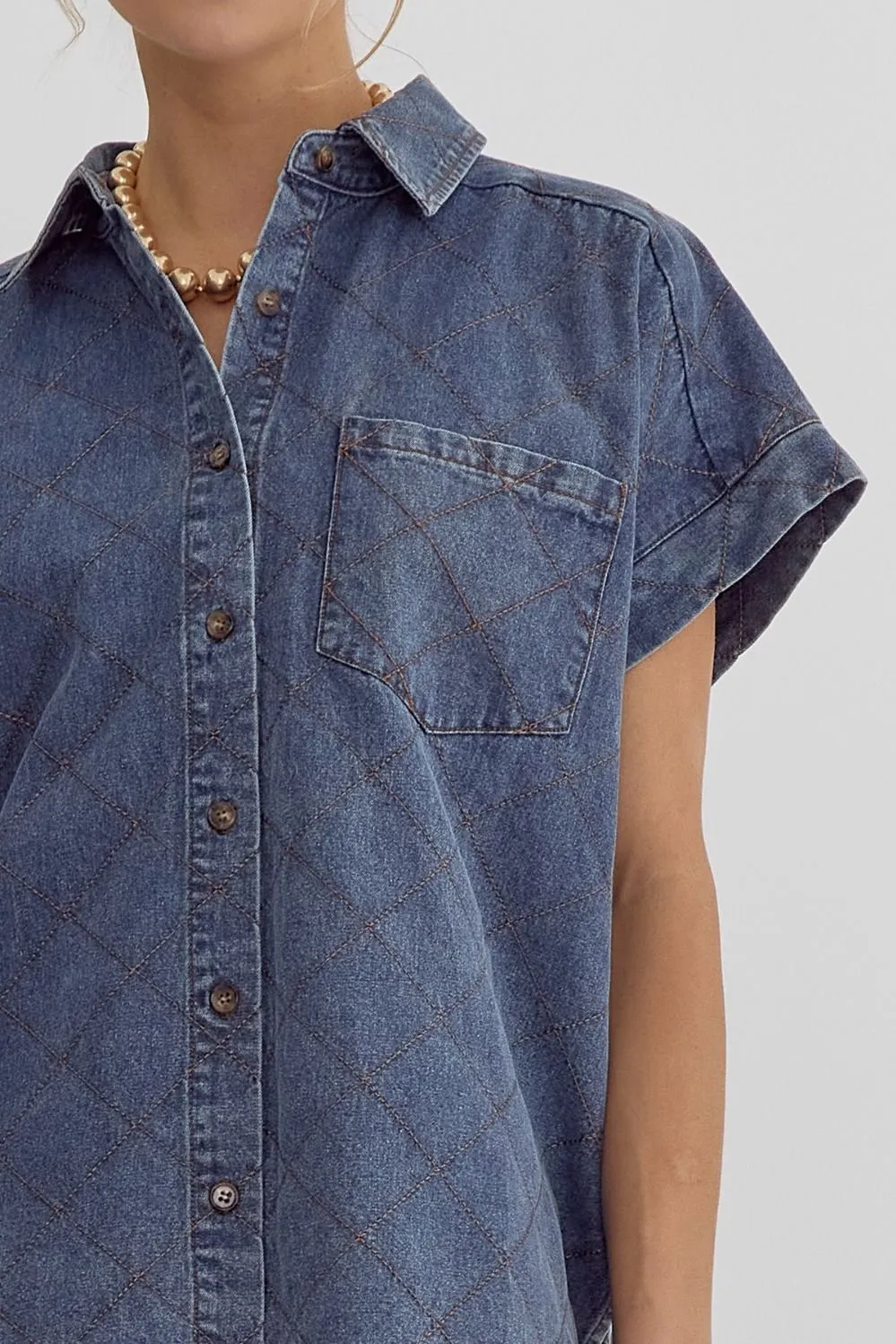 Denim Button Down Short Sleeve Top