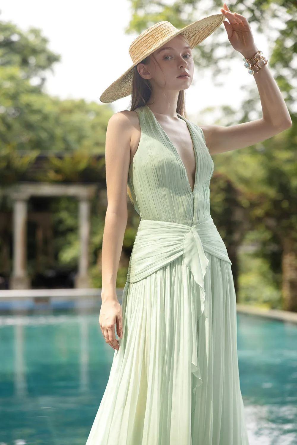 Dorothea A-line Halter Neck Silk Floor Length Dress
