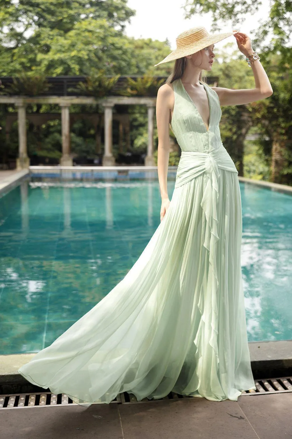 Dorothea A-line Halter Neck Silk Floor Length Dress