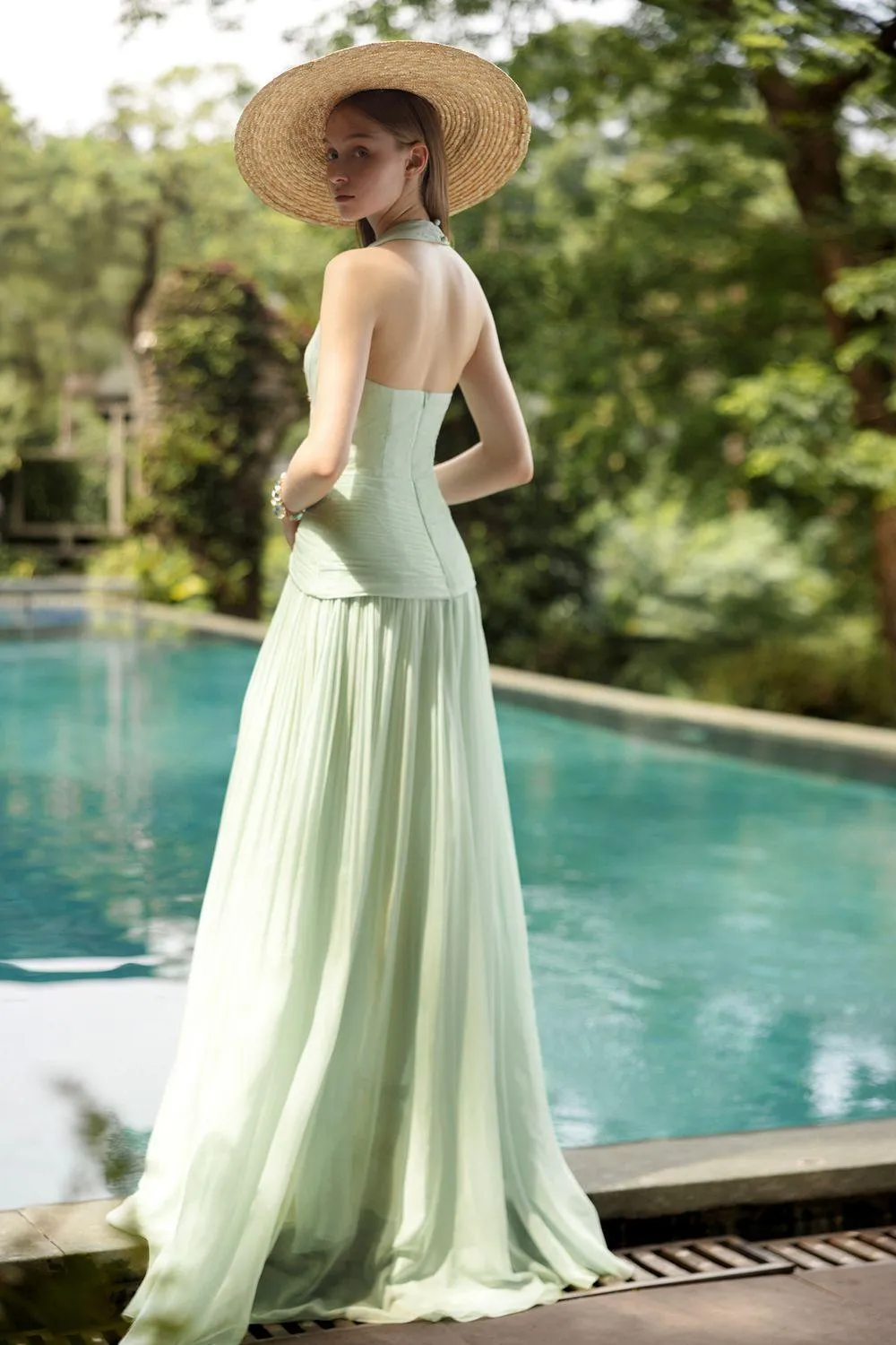 Dorothea A-line Halter Neck Silk Floor Length Dress