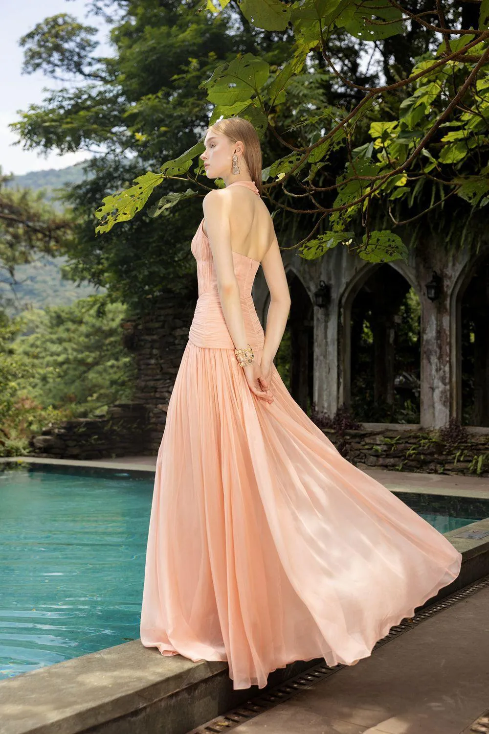 Dorothea A-line Halter Neck Silk Floor Length Dress