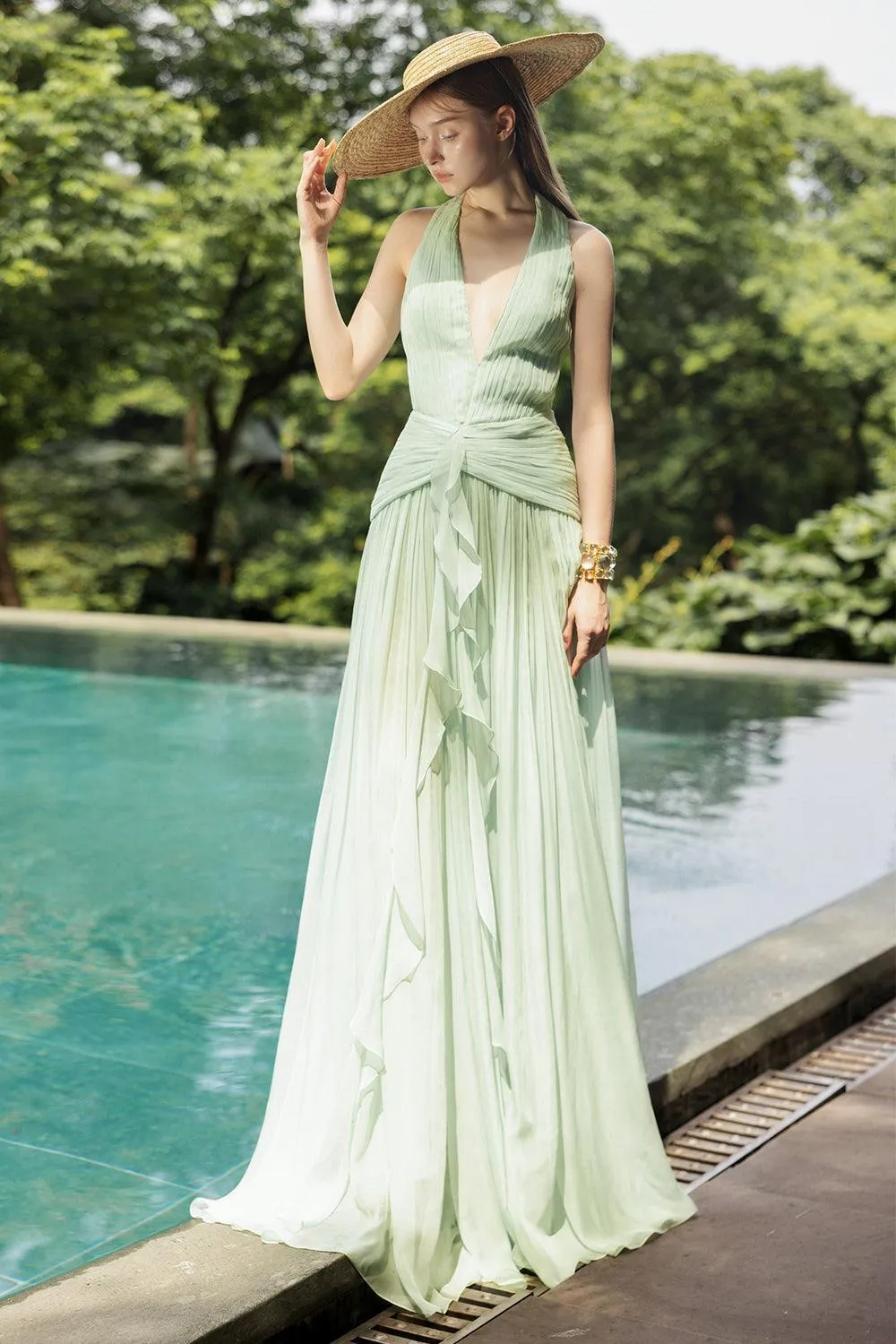 Dorothea A-line Halter Neck Silk Floor Length Dress